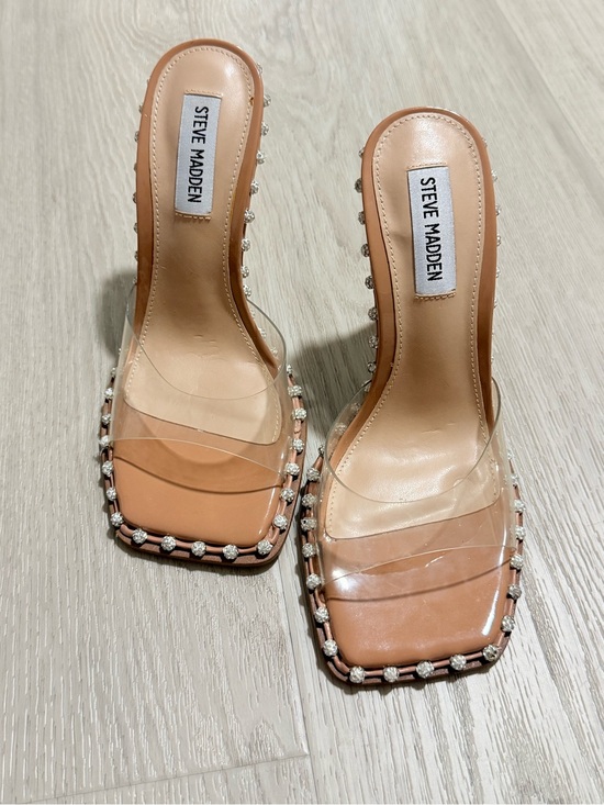 Steve Madden Shoes - Steve Madden Nude Clear Rhinestone-Trim Slide Heels